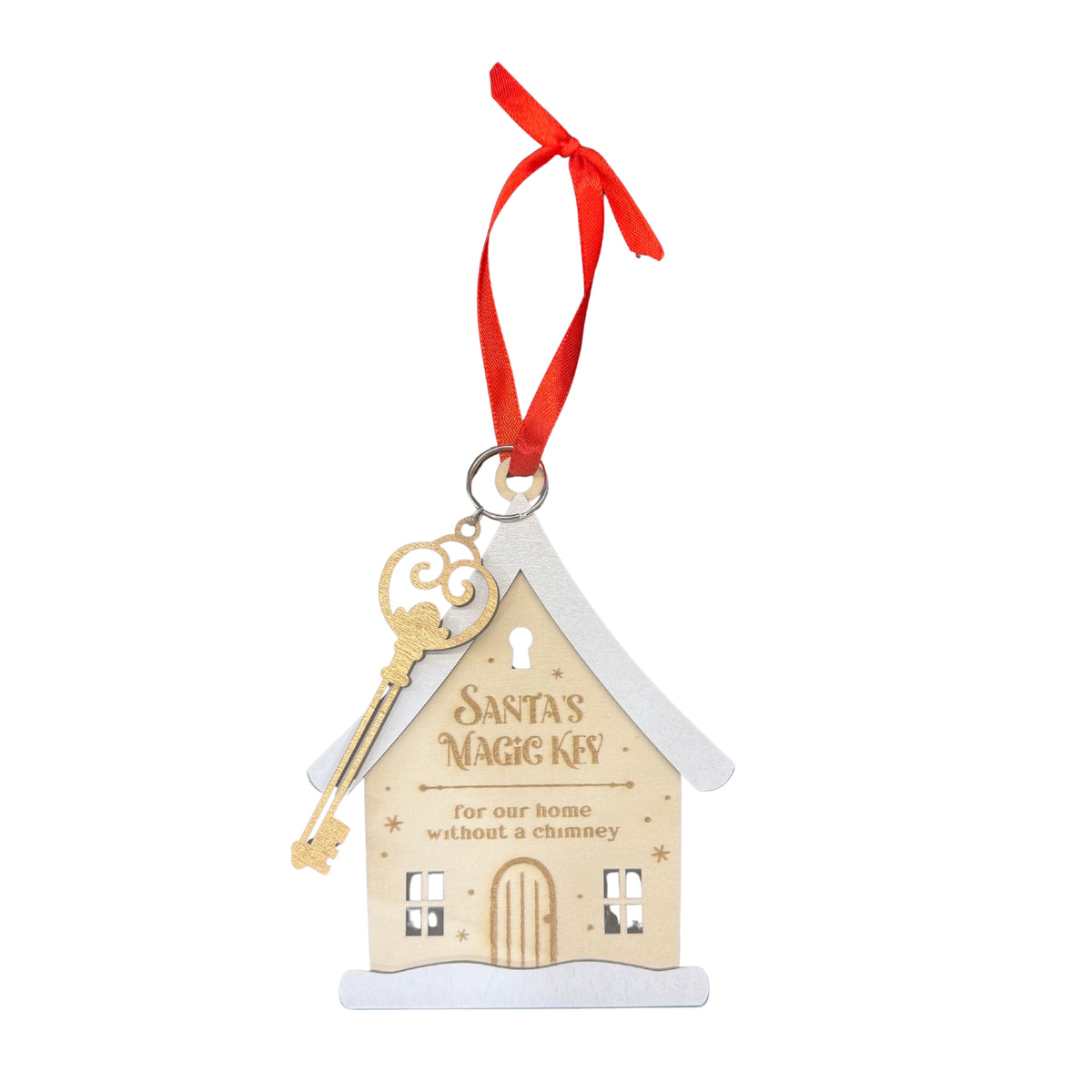 Santa's Magic Key Christmas hanging decoration with house plaque, decorative key and red ribbon