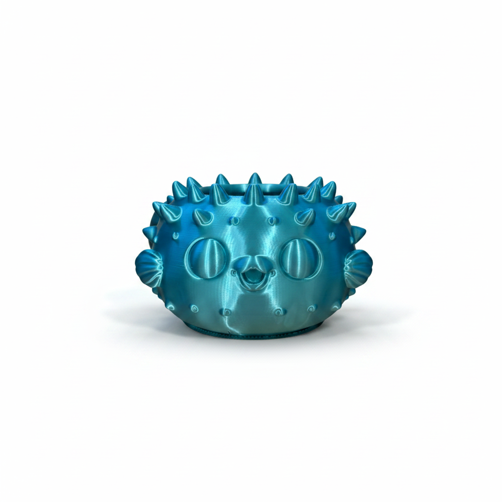 Pufferfish desk organiser 3D printed on white background