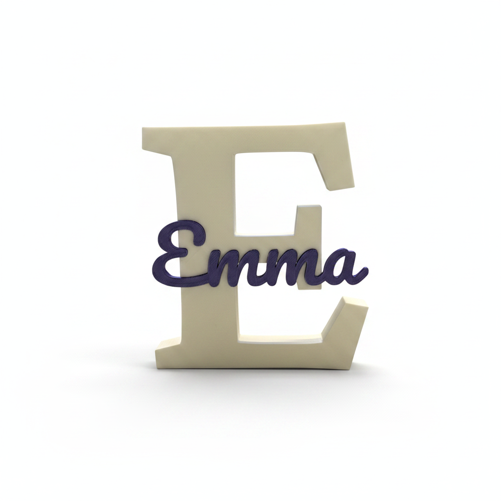 Freestanding wooden initial letter with name on white background