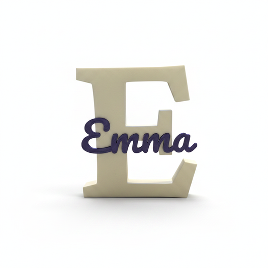 Freestanding wooden initial letter with name on white background